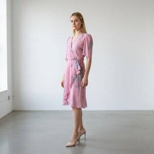 Vintage 1980s Pastel Pink Silk Floral Flutter Sleeve Midi Dress - Medium